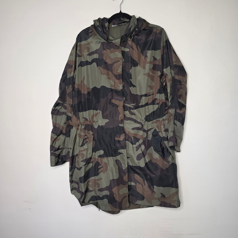 Dex Windbreaker Jacket Women XL Green Camo Hooded Longline Utility Anorak Fall